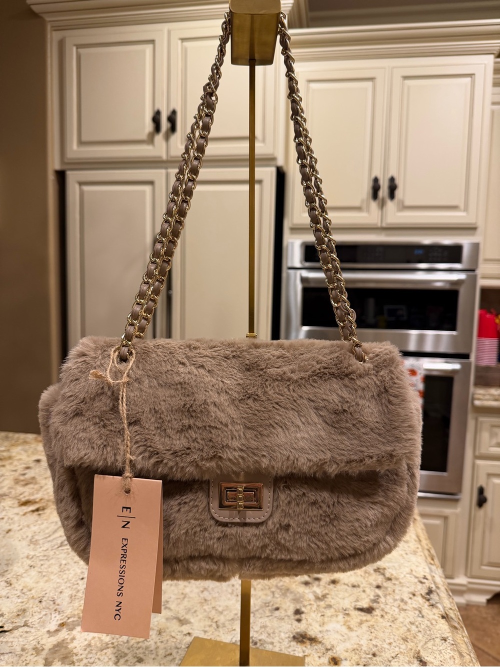 Expressions Taupe Faux Fur Chain-Handle Shoulder/crossbody Bag